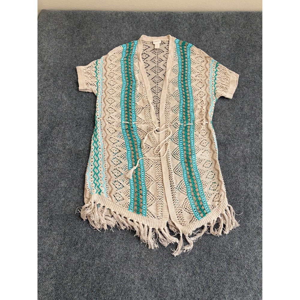 Chicos Linen Open Knit Cardigan Tan Teal Fringe Short Sleeve Size 0 Petite - Picture 1 of 8